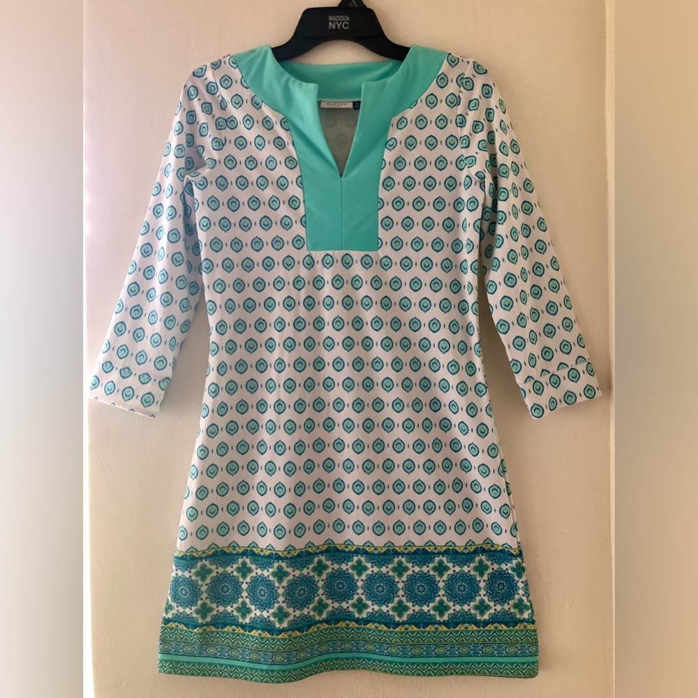 CABANA LIFE Womens Dress Size XS Turquoise & White 3/4 Sleeves Nylon Spandex